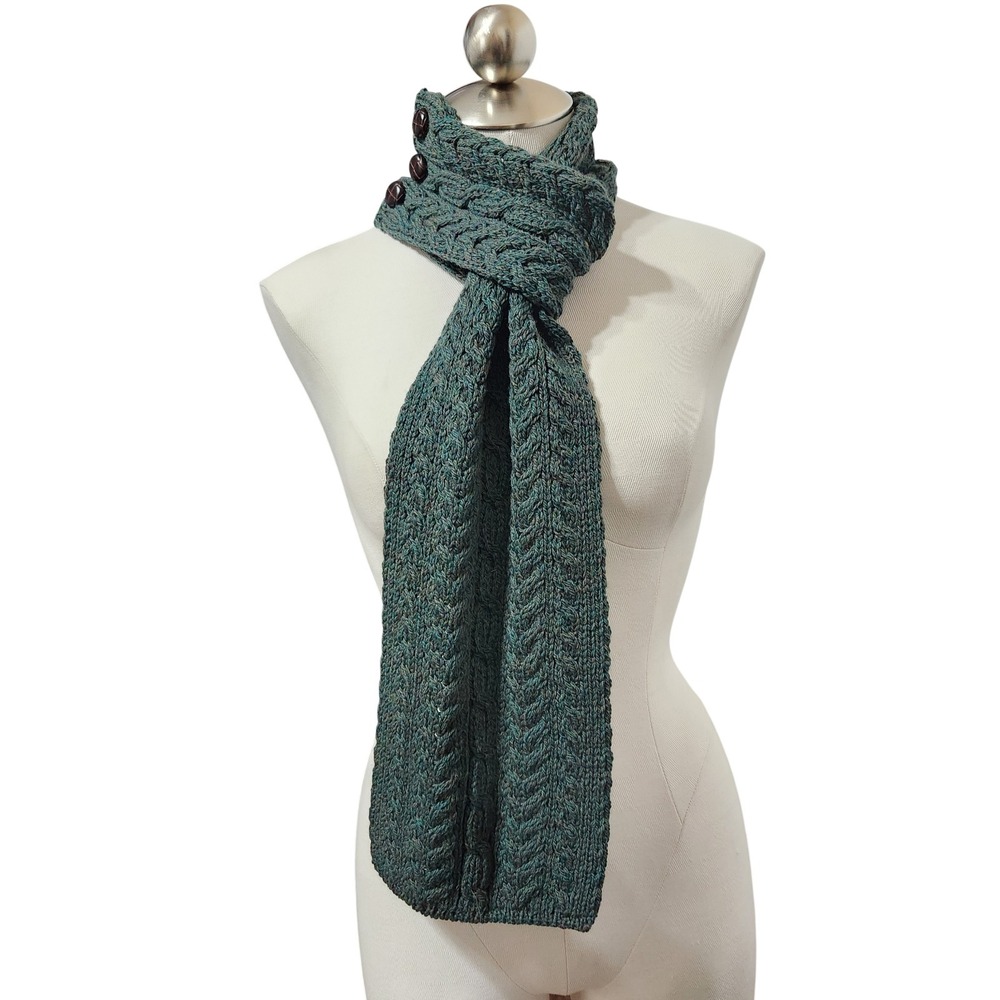 Aran Woollen Mills Irish‎ Merino Wool Button Loop Knit Scarf Green Ireland